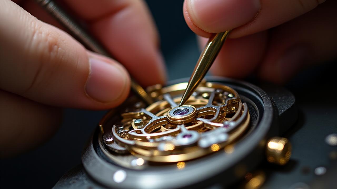 精緻な時計ムーブメントを調整する熟練時計師の手元